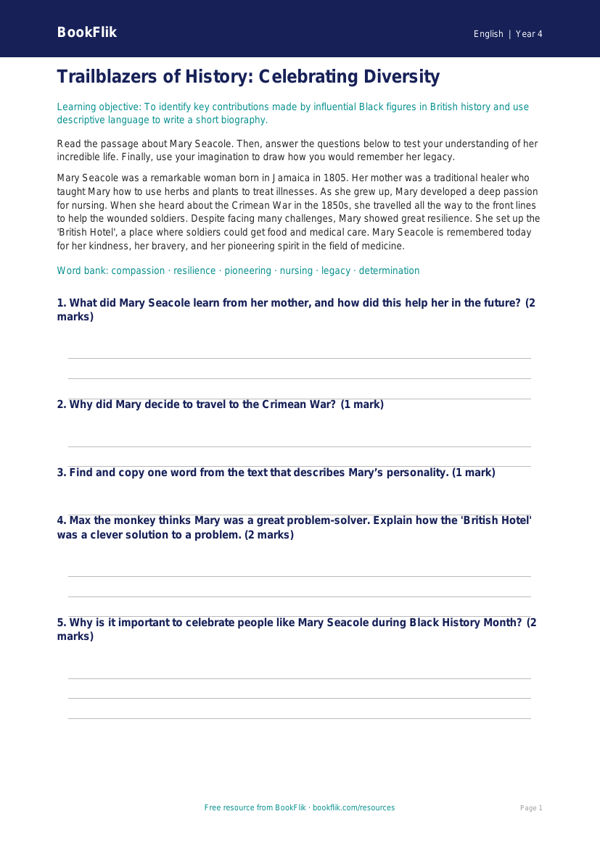 Free Black History Month Template | Year 4 Core | BookFlik worksheet preview — English Black History Month