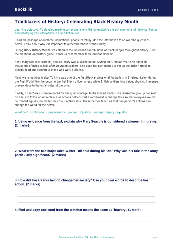 Free Black History Month Track Sheet | Year 4 Core | BookFlik worksheet preview — English Black History Month