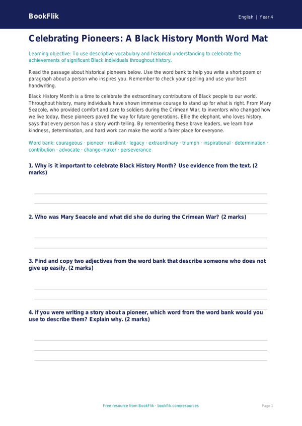Free Black History Month Word Mat | Year 4 Core | BookFlik worksheet preview — English Black History Month