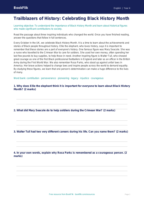 Free Black History Month Worksheet | Year 4 Core | BookFlik worksheet preview — English Black History Month