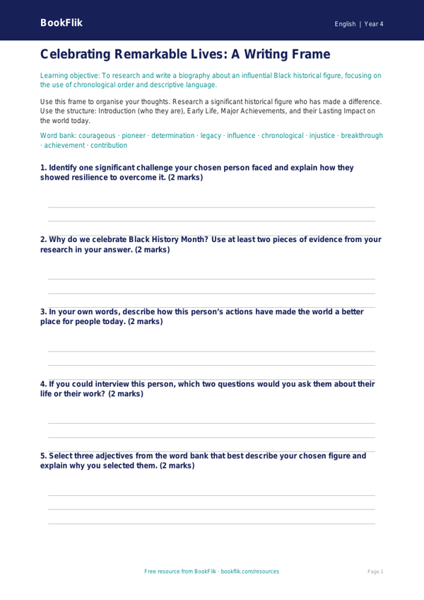 Free Black History Month Writing Frame | Year 4 Core | BookFlik worksheet preview — English Black History Month
