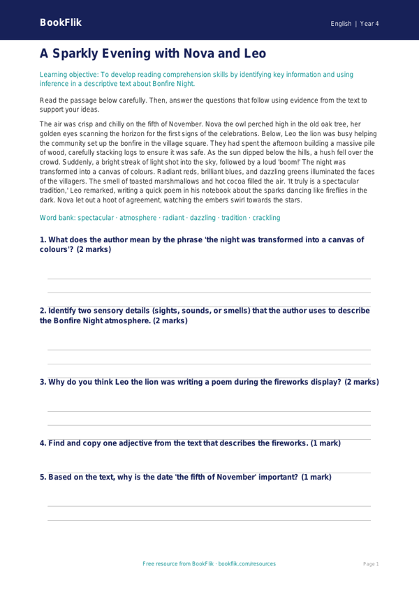 Free Bonfire Night Activity Sheet | Year 4 Core | BookFlik worksheet preview — English Bonfire Night