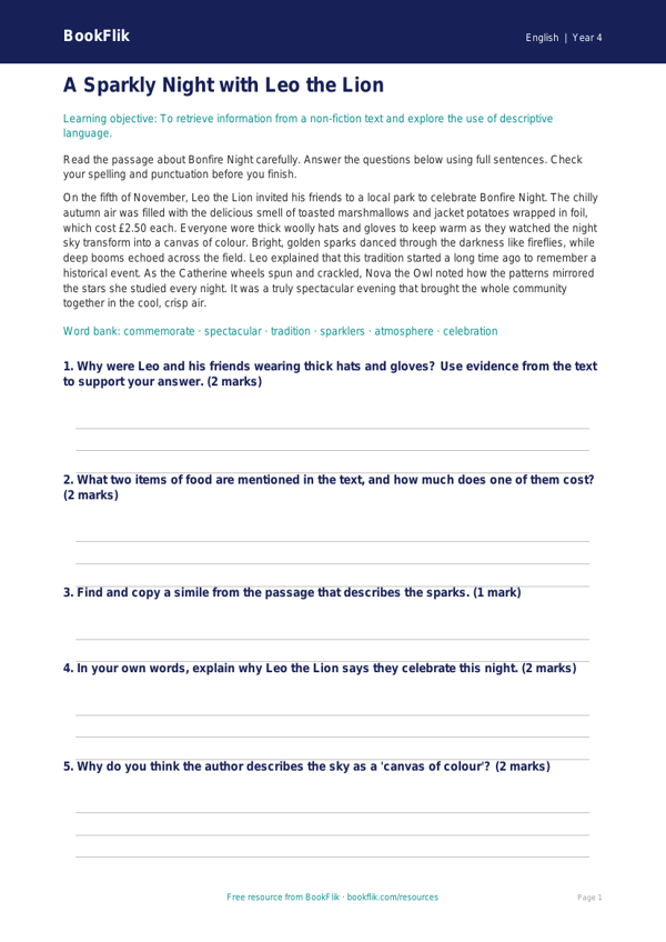 Free Bonfire Night Assessment | Year 4 Core | BookFlik worksheet preview — English Bonfire Night