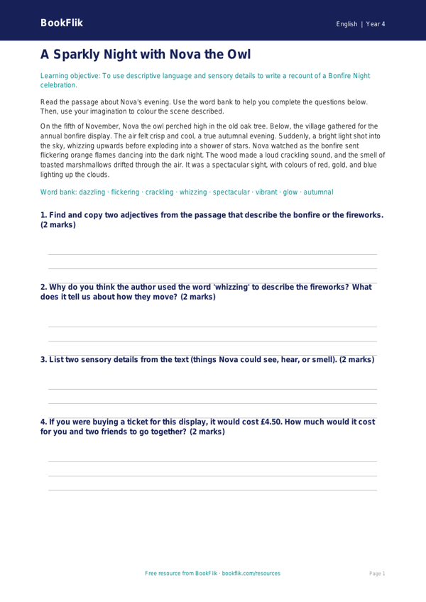 Free Bonfire Night Colouring Page | Year 4 Core | BookFlik worksheet preview — English Bonfire Night