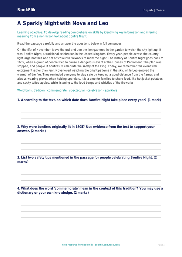 Free Bonfire Night Comprehension | Year 4 Core | BookFlik worksheet preview — English Bonfire Night