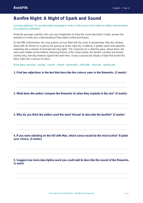 Free Bonfire Night Drawing Sheet | Year 4 Core | BookFlik worksheet preview — English Bonfire Night