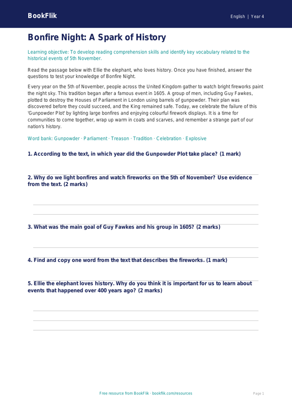 Free Bonfire Night Flashcards | Year 4 Core | BookFlik worksheet preview — English Bonfire Night