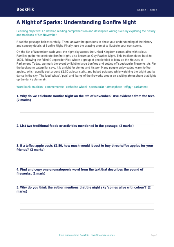 Free Bonfire Night Poster | Year 4 Core | BookFlik worksheet preview — English Bonfire Night