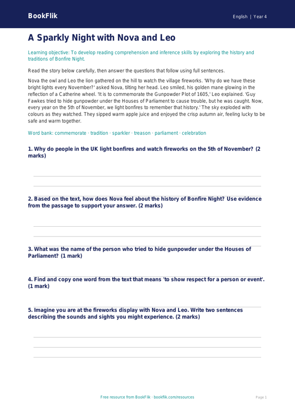 Free Bonfire Night Quiz | Year 4 Core | BookFlik worksheet preview — English Bonfire Night