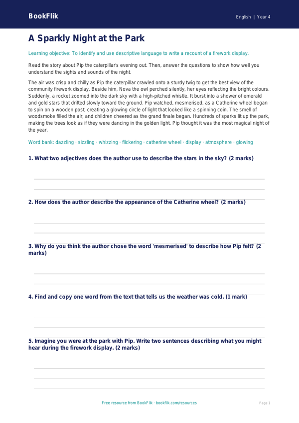 Free Bonfire Night Template | Year 4 Core | BookFlik worksheet preview — English Bonfire Night