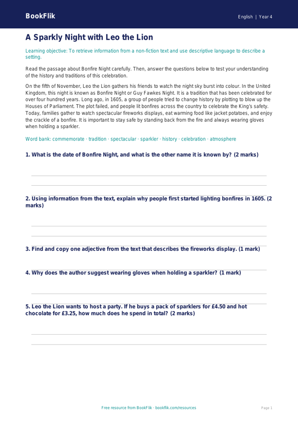Free Bonfire Night Track Sheet | Year 4 Core | BookFlik worksheet preview — English Bonfire Night