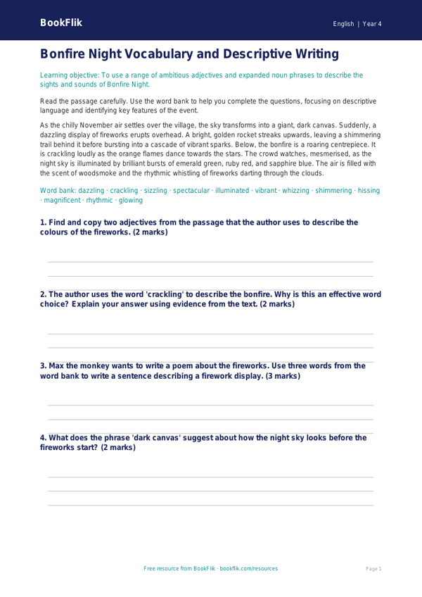 Free Bonfire Night Word Mat | Year 4 Core | BookFlik worksheet preview — English Bonfire Night