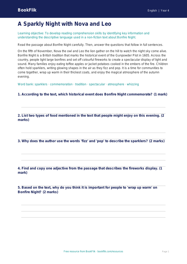 Free Bonfire Night Worksheet | Year 4 Core | BookFlik worksheet preview — English Bonfire Night
