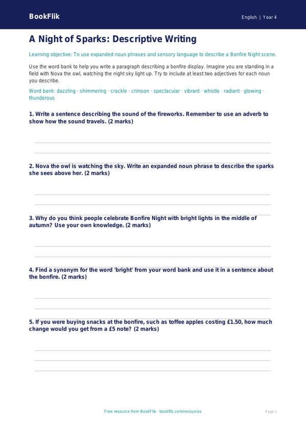 Free Bonfire Night Writing Frame | Year 4 Core | BookFlik worksheet preview — English Bonfire Night