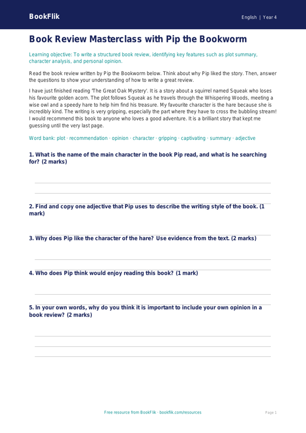 Free Book Review Activity Sheet | Year 4 Core | BookFlik worksheet preview — English Book Review