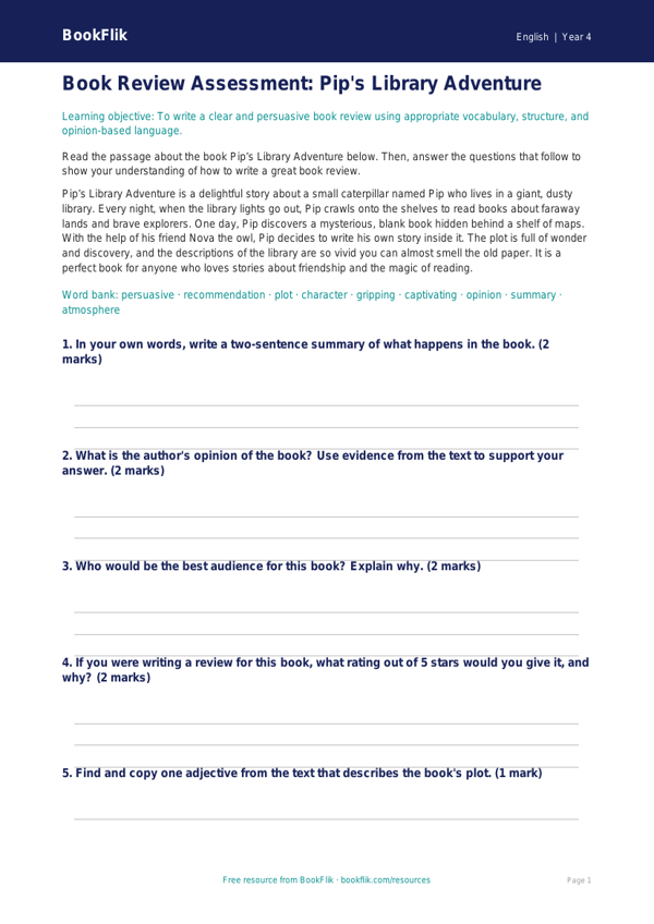 Free Book Review Assessment | Year 4 Core | BookFlik worksheet preview — English Book Review