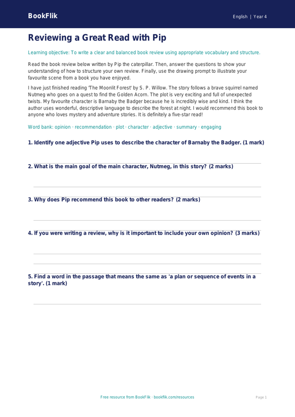 Free Book Review Colouring Page | Year 4 Core | BookFlik worksheet preview — English Book Review