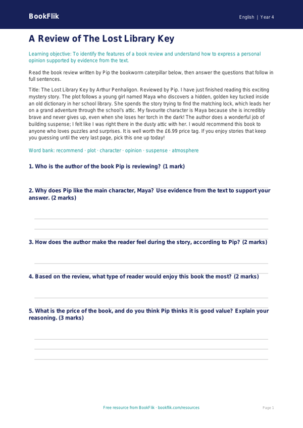 Free Book Review Comprehension | Year 4 Core | BookFlik worksheet preview — English Book Review