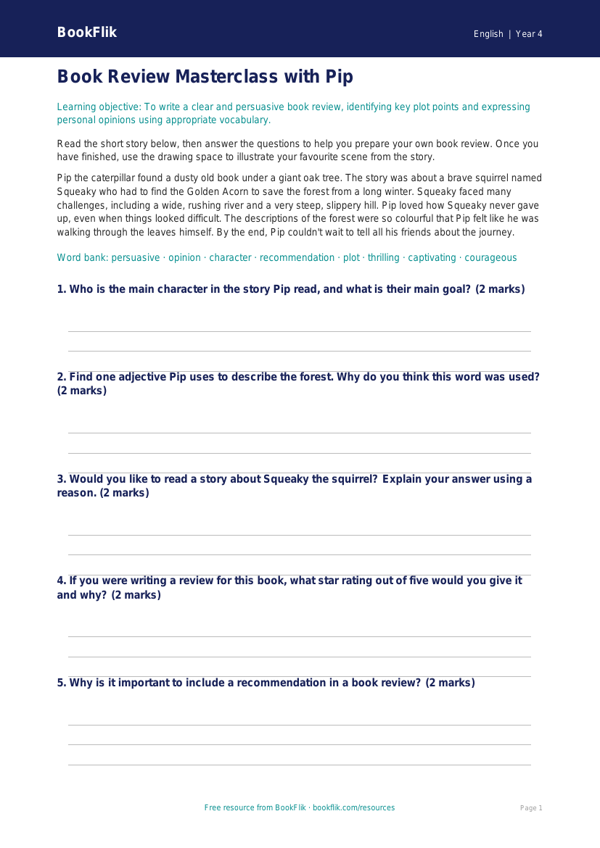 Free Book Review Drawing Sheet | Year 4 Core | BookFlik worksheet preview — English Book Review