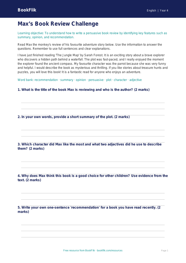 Free Book Review Flashcards | Year 4 Core | BookFlik worksheet preview — English Book Review