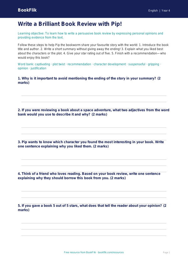Free Book Review Poster | Year 4 Core | BookFlik worksheet preview — English Book Review