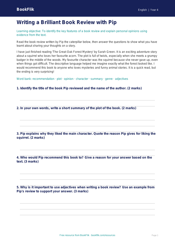 Free Book Review Quiz | Year 4 Core | BookFlik worksheet preview — English Book Review