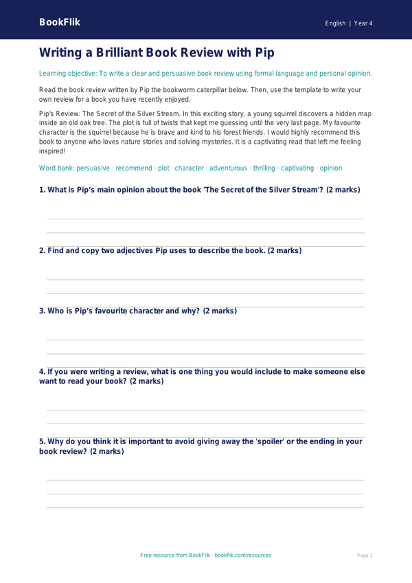 Free Book Review Template | Year 4 Core | BookFlik worksheet preview — English Book Review