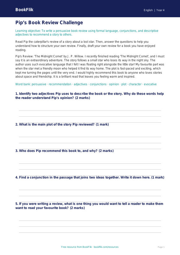 Free Book Review Track Sheet | Year 4 Core | BookFlik worksheet preview — English Book Review