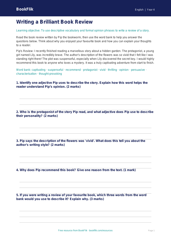 Free Book Review Word Mat | Year 4 Core | BookFlik worksheet preview — English Book Review