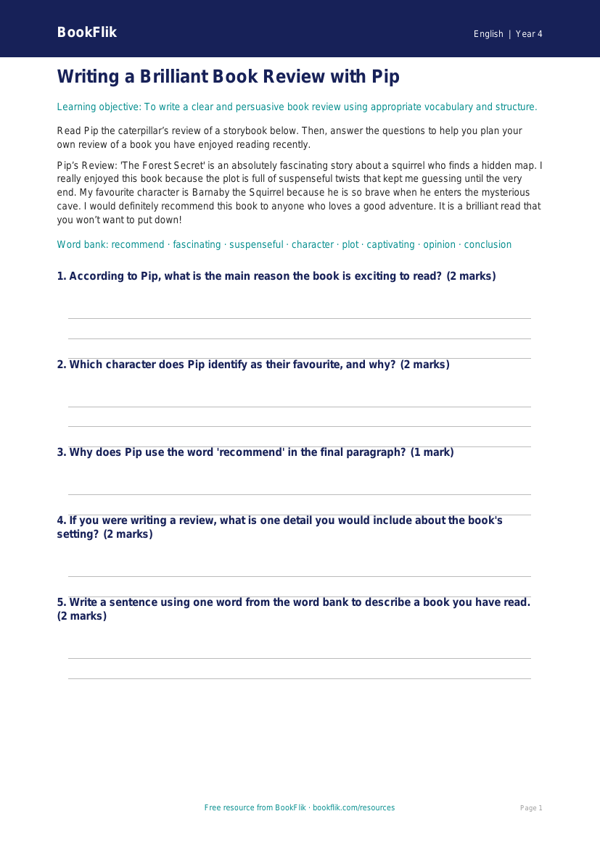 Free Book Review Worksheet | Year 4 Core | BookFlik worksheet preview — English Book Review