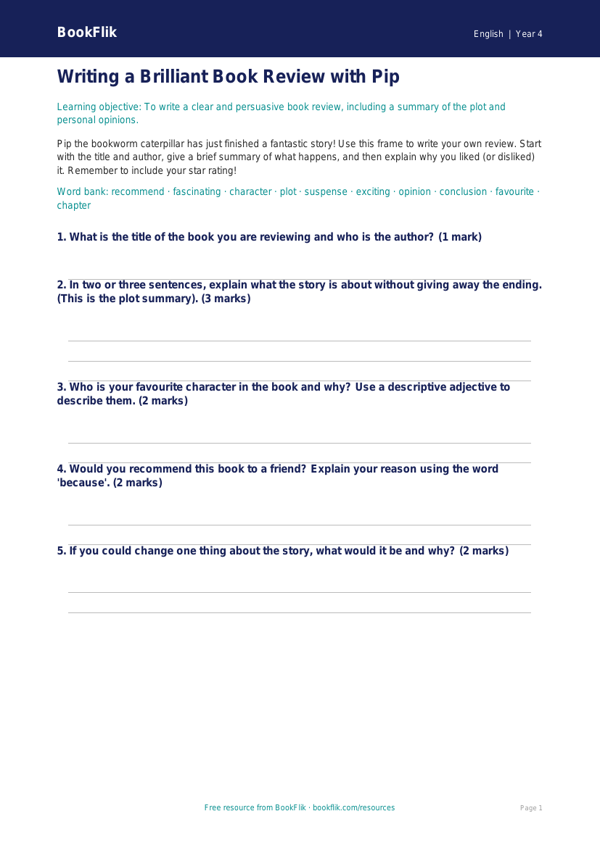 Free Book Review Writing Frame | Year 4 Core | BookFlik worksheet preview — English Book Review
