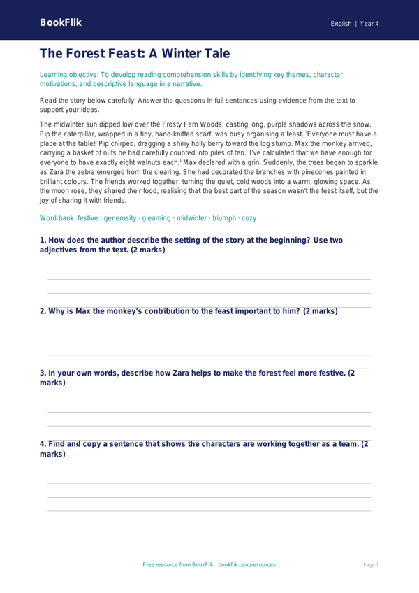Free Christmas Story Activity Sheet | Year 4 Core | BookFlik worksheet preview — English Christmas Story