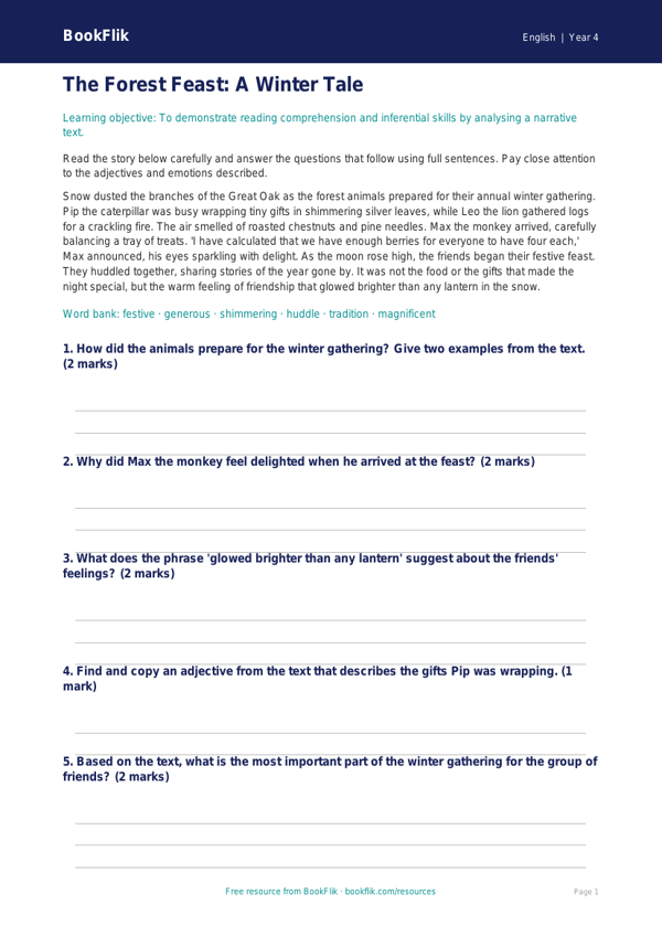 Free Christmas Story Assessment | Year 4 Core | BookFlik worksheet preview — English Christmas Story