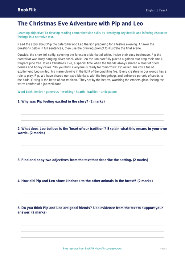 Free Christmas Story Colouring Page | Year 4 Core | BookFlik worksheet preview — English Christmas Story