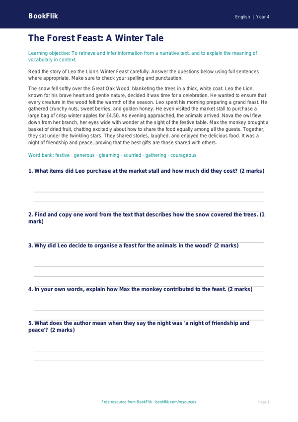 Free Christmas Story Comprehension | Year 4 Core | BookFlik worksheet preview — English Christmas Story