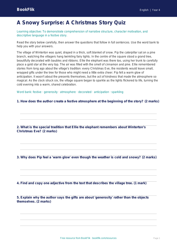 Free Christmas Story Quiz | Year 4 Core | BookFlik worksheet preview — English Christmas Story