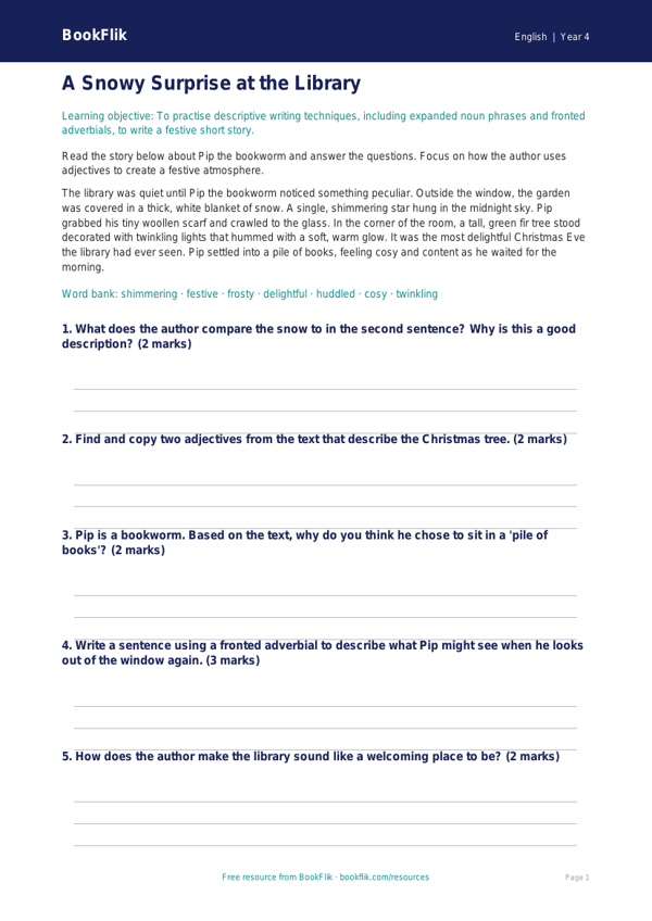 Free Christmas Story Template | Year 4 Core | BookFlik worksheet preview — English Christmas Story