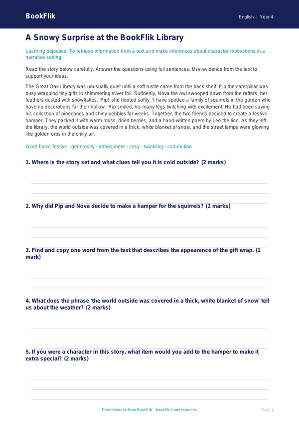 Free Christmas Story Track Sheet | Year 4 Core | BookFlik worksheet preview — English Christmas Story