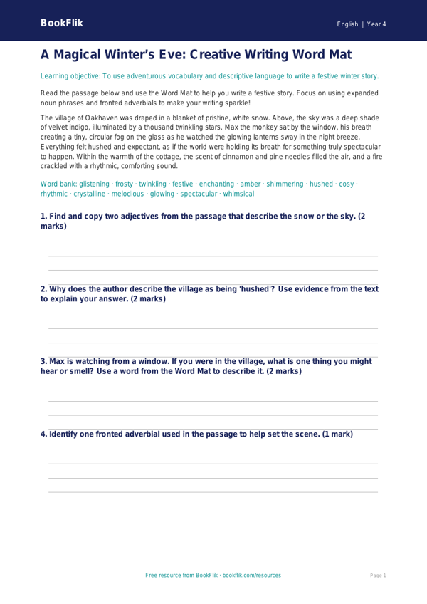 Free Christmas Story Word Mat | Year 4 Core | BookFlik worksheet preview — English Christmas Story