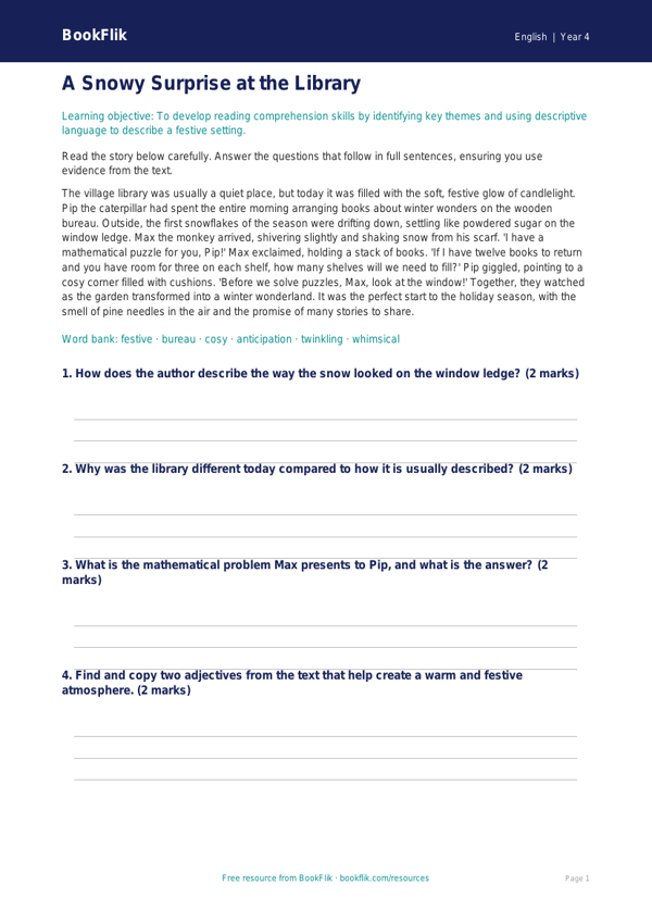 Free Christmas Story Worksheet | Year 4 Core | BookFlik worksheet preview — English Christmas Story