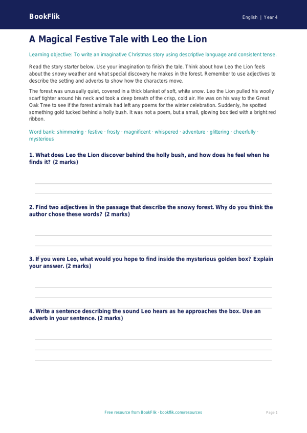 Free Christmas Story Writing Frame | Year 4 Core | BookFlik worksheet preview — English Christmas Story