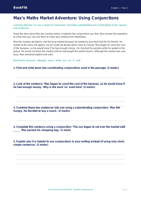 Free Conjunctions Activity Sheet | Year 4 Core | BookFlik worksheet preview — English Conjunctions