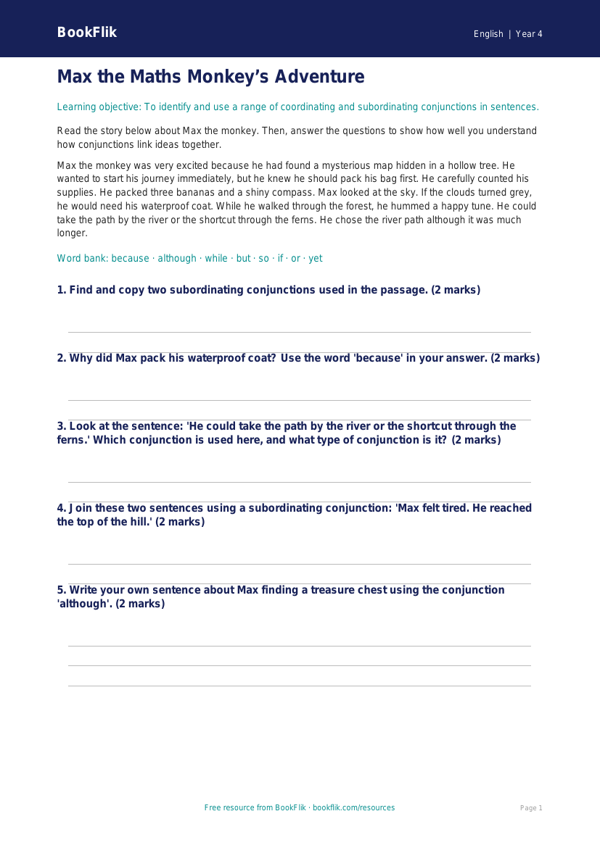 Free Conjunctions Assessment | Year 4 Core | BookFlik worksheet preview — English Conjunctions