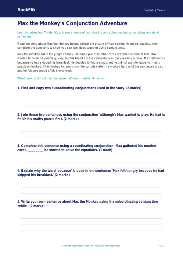 Free Conjunctions Colouring Page | Year 4 Core | BookFlik worksheet preview — English Conjunctions