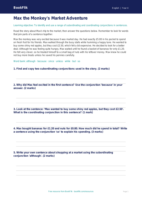 Free Conjunctions Comprehension | Year 4 Core | BookFlik worksheet preview — English Conjunctions