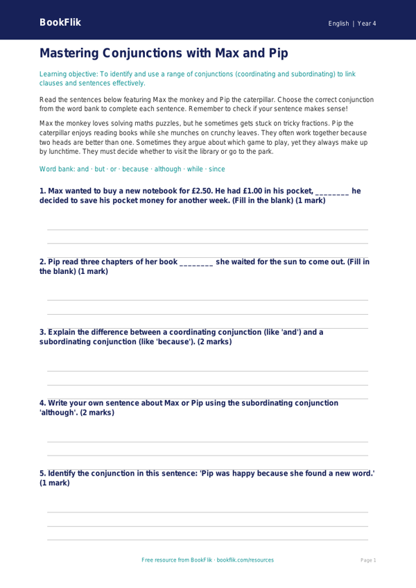 Free Conjunctions Flashcards | Year 4 Core | BookFlik worksheet preview — English Conjunctions