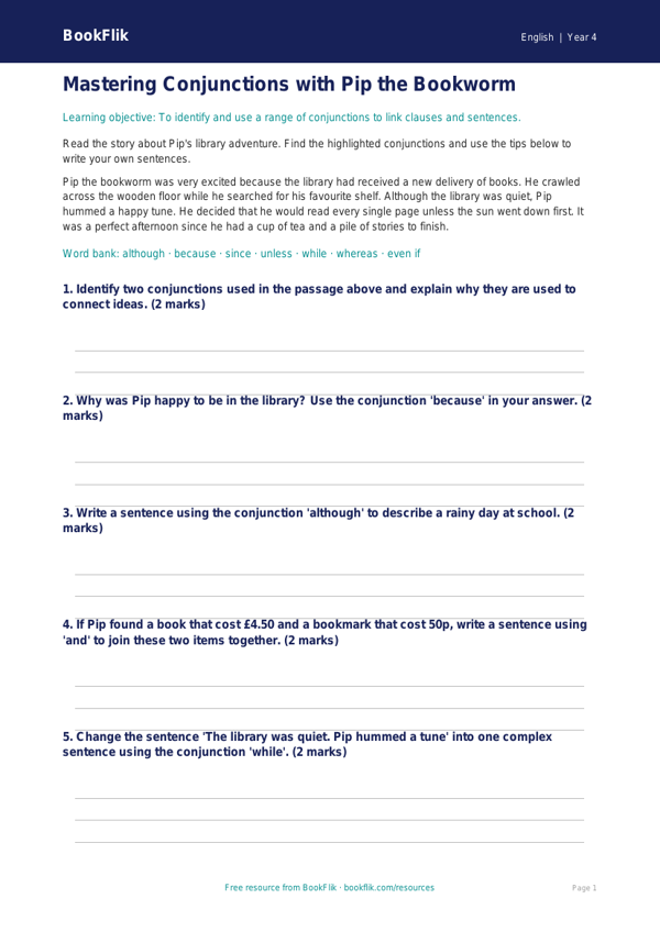 Free Conjunctions Poster | Year 4 Core | BookFlik worksheet preview — English Conjunctions