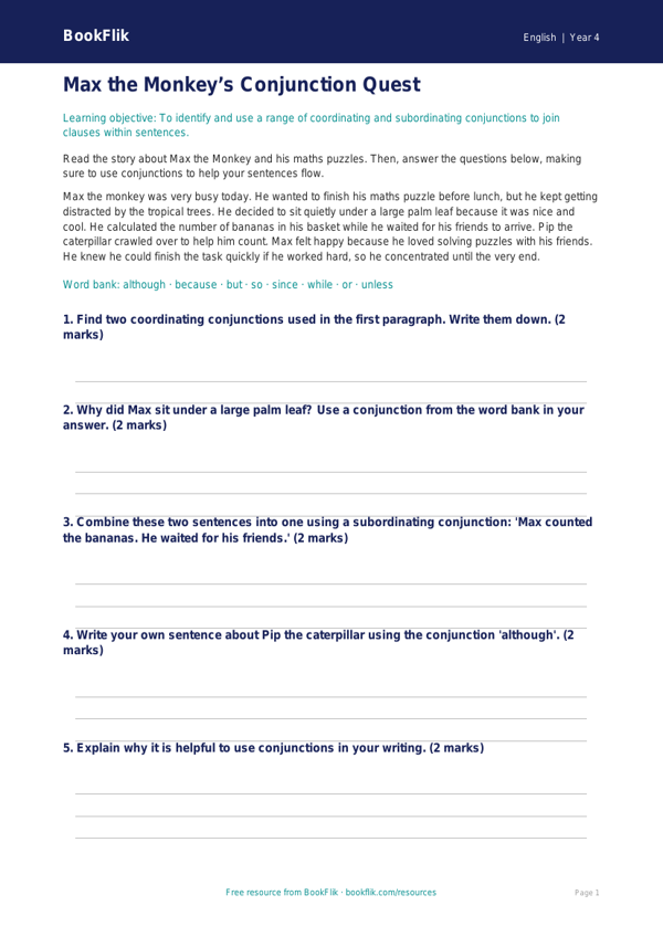 Free Conjunctions Quiz | Year 4 Core | BookFlik worksheet preview — English Conjunctions