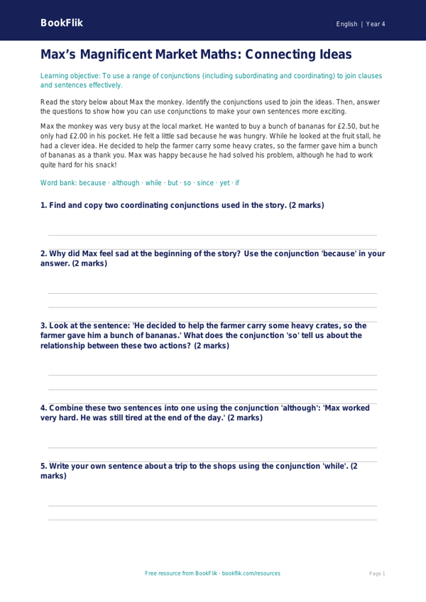 Free Conjunctions Template | Year 4 Core | BookFlik worksheet preview — English Conjunctions