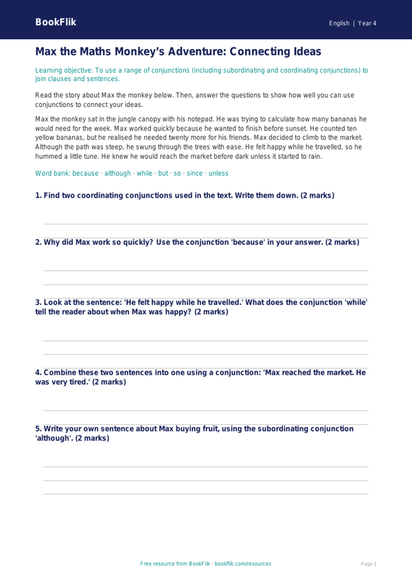 Free Conjunctions Practice Worksheet | Year 4 Grammar | BookFlik worksheet preview — English Conjunctions